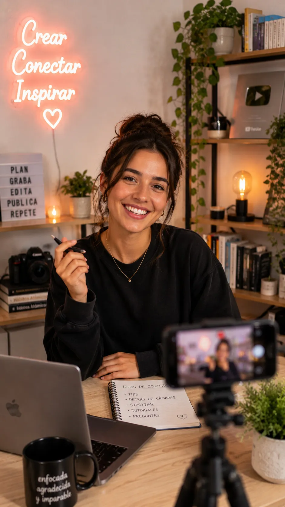 Creadora de contenido grabando una clase en su estudio